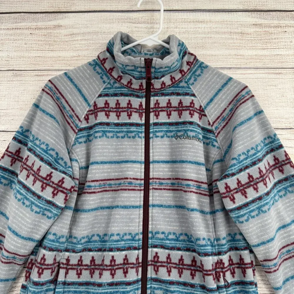 Columbia Jacket Womens Medium Gray Blue Red Fleece Full Zip Aztec Print Outdoors